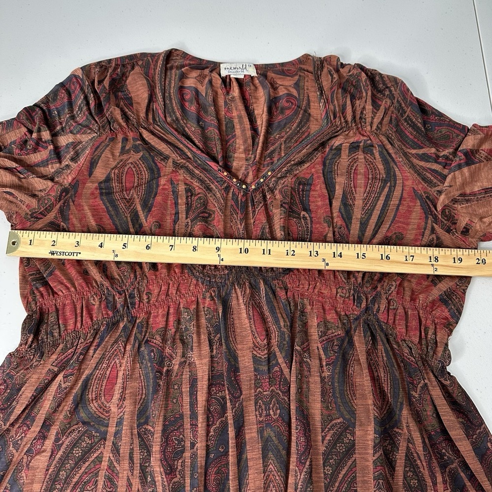 One World Babydoll Tunic Top Brown‎ Paisley Embellished Boho Size 1X - Picture 6 of 11